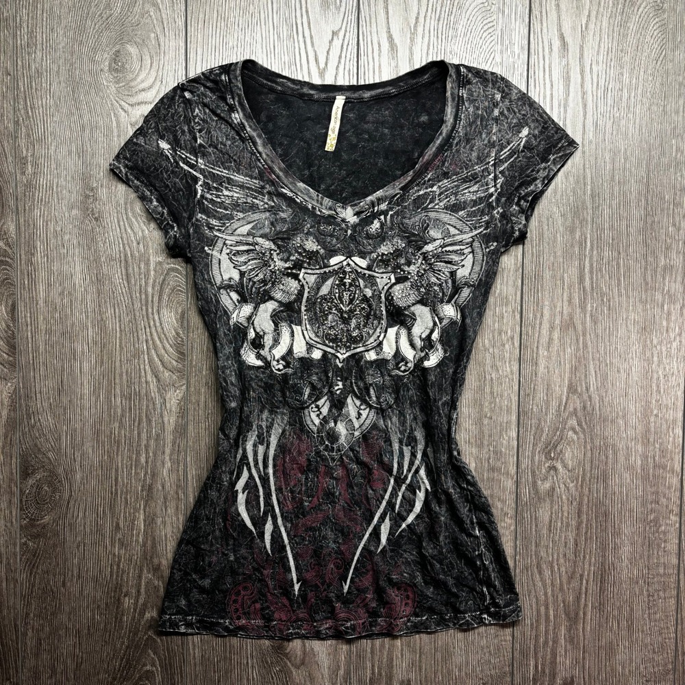 American Age Womens Small Y2K Acid Wash Graphic V Tee Rhinestone Wings Black